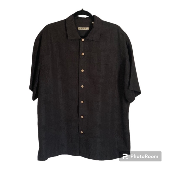 Batik Bay Button Up Hawaiian Camp Shirt L Black Tribal Palm Leaves Chest Pocket - Picture 2 of 13